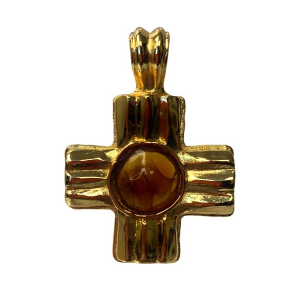 Guy Laroche Gold Engraved Logo Cross Orange Topaz Cabochon Pendant - Picture 1 of 4